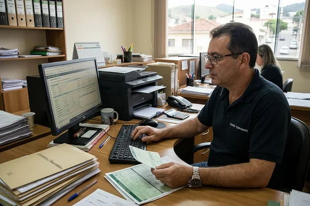 Despachante gerenciando documentação para transferência de veículo.