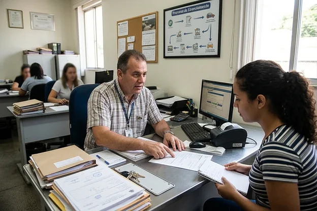 Despachante orientando sobre o licenciamento do veículo.